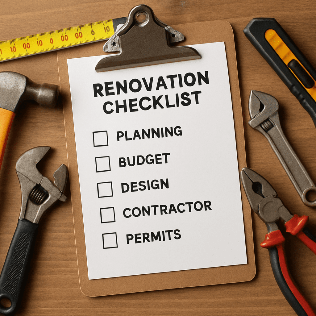 A well-organized renovation checklist on a clipboard with renovation tools in the background