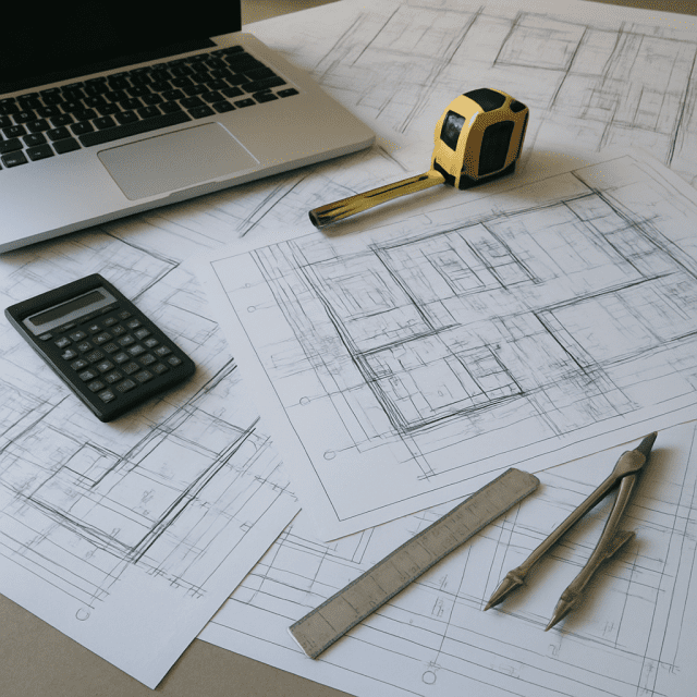 Blueprints and planning documents spread out on a table with a laptop and tools